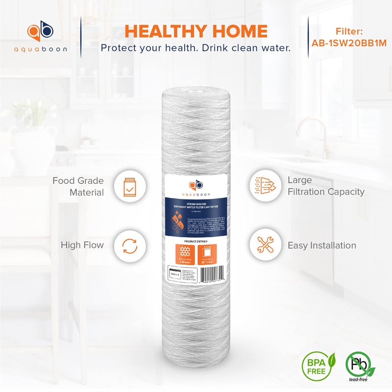 Aquaboon 1 Micron Whole House 20" x 4.5" String Wound Water Filter Replacement Cartridge for Well Water Compatible with SWC-25-2005, P5-20, 2-Pack - Image 4